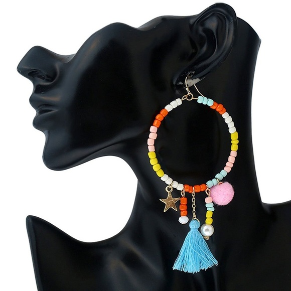 Boho Beaded Hoops w/ Tassels, Poms, Stars NWT - Picture 5 of 6